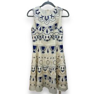 yujia blue and cream embroidered dress